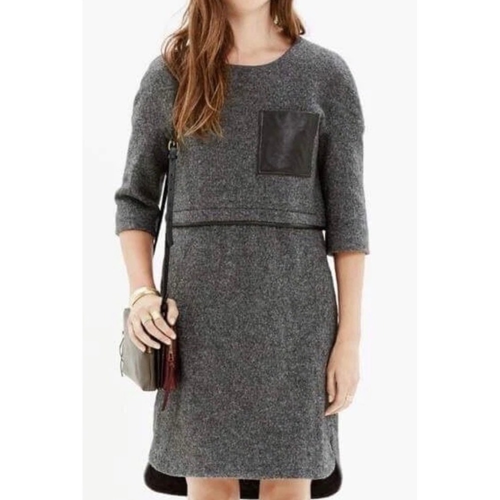 Madewell Gray Wool Leather-Pocket Installation Dress Shift Mini Small